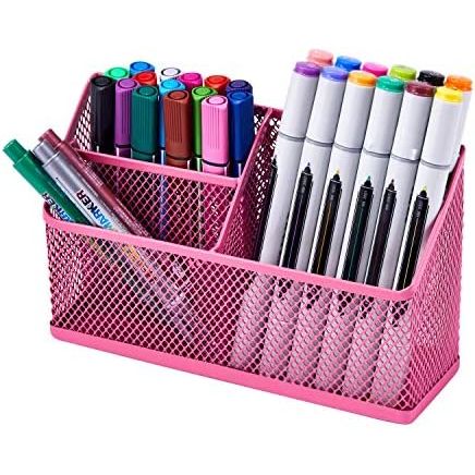 LockerMate Magnetic Pencil Holder with 3 Mesh Compartments, Pink